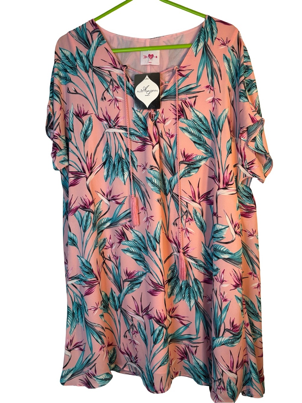 Buddy Love Pink Tropical Leaf Tassel V-Neck Mini Dress with Teal & Purple Print